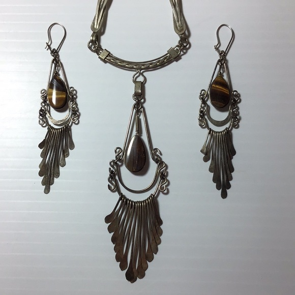 Artisan jewelry set Tiger Eye silver wire bracelet necklace & earrings So boho - Picture 2 of 9